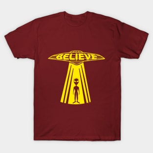 UFO and Alien Believe (yellow print) T-Shirt